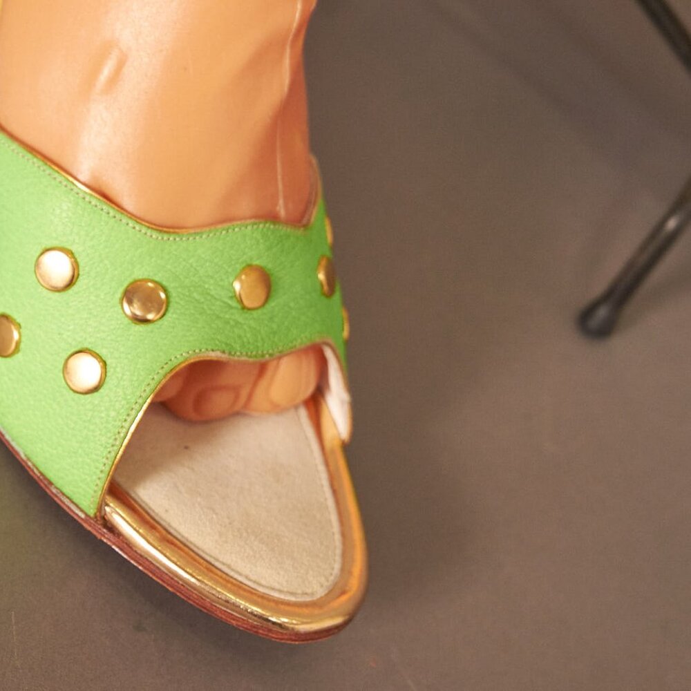 1950s Neon Green Gold Stud Boomerang Open Toe Heels